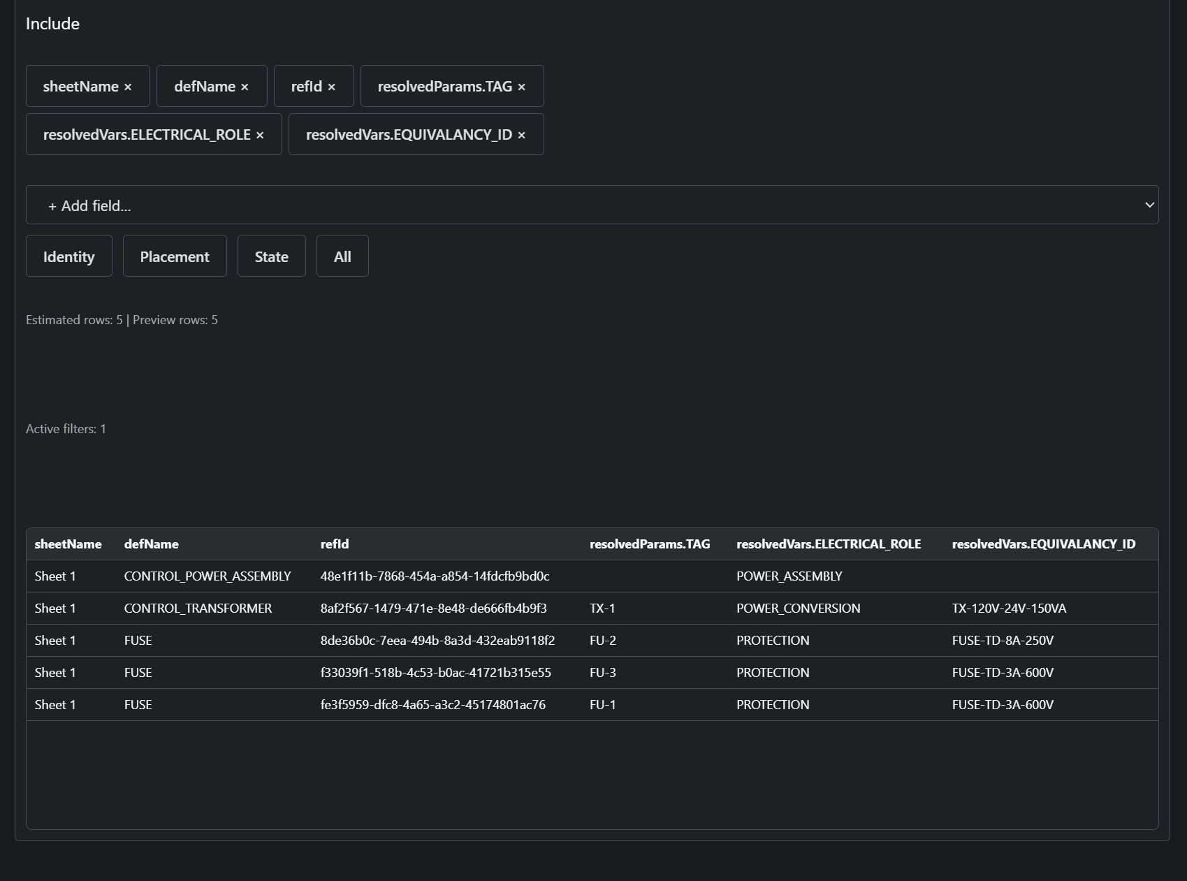 Generated BOM table for a configured control power assembly in LogiDraft.