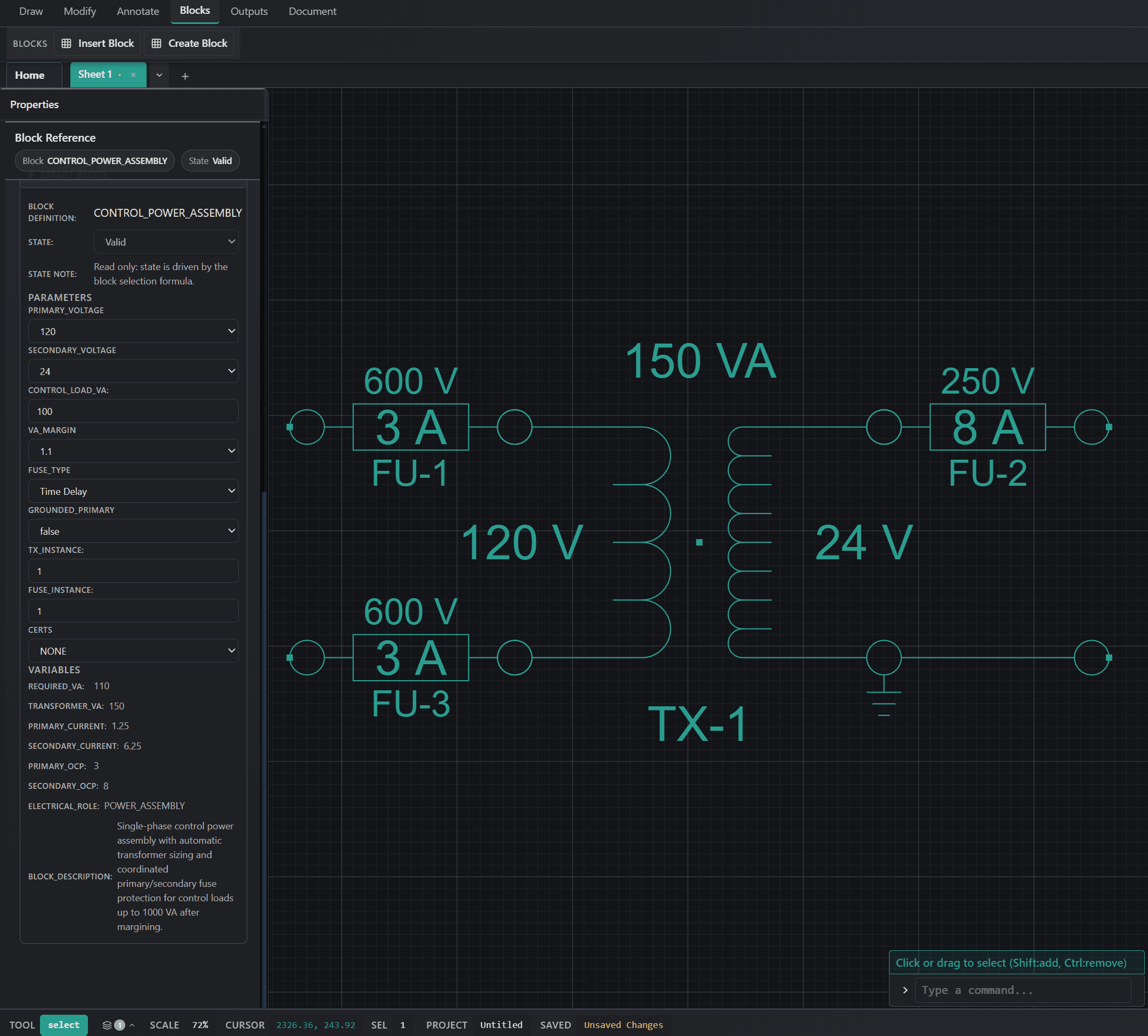 LogiDraft workspace showing a configurable control power assembly