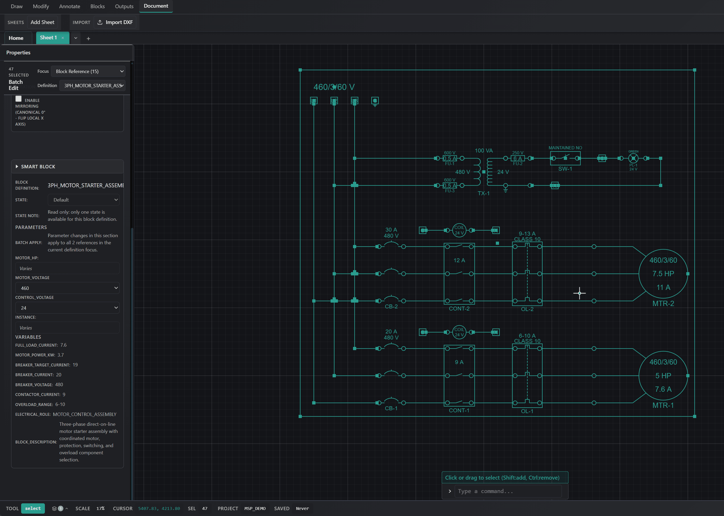 LogiDraft drawing editor showing an electrical motor-control schematic