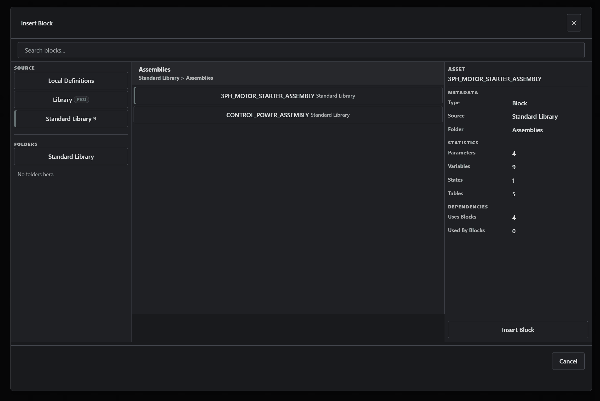 LogiDraft standard assembly library showing reusable assemblies.